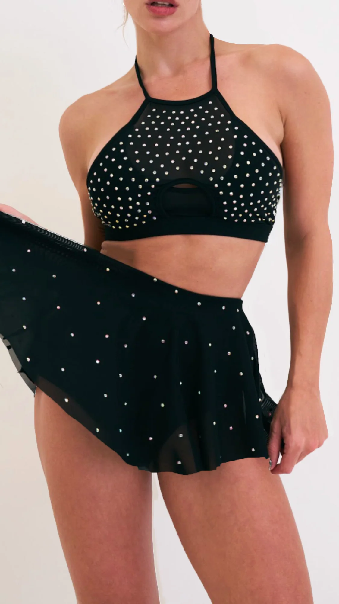 Demi Mesh Diamante Halter Black