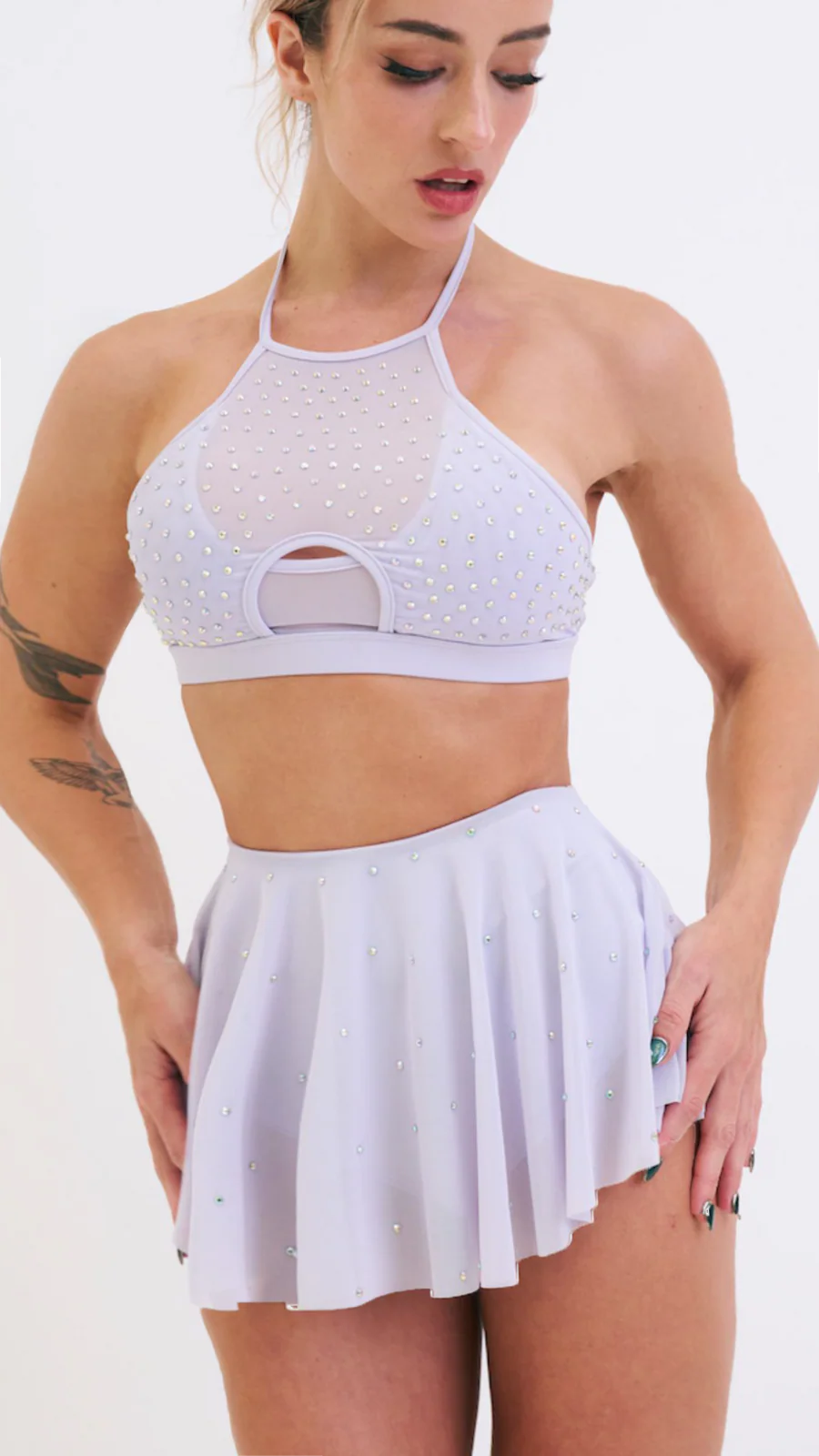 Sarah Mesh Diamante High Waist Skort Lilac