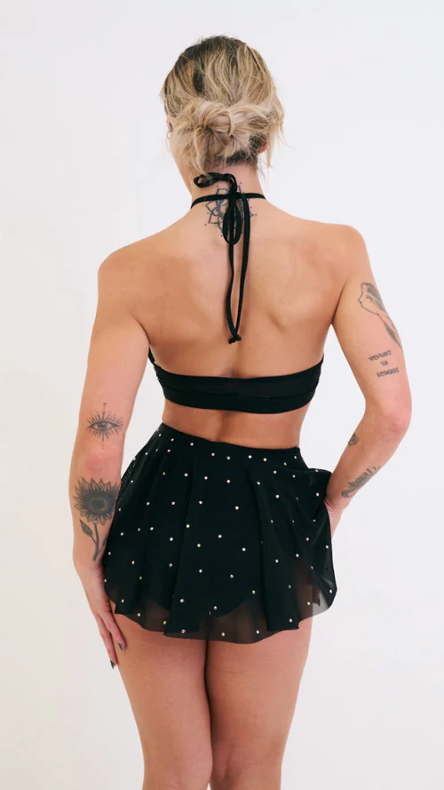 Sarah Mesh Diamante High Waist Skort Black