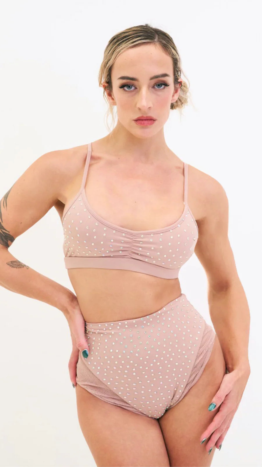 Roxie Mesh Diamante High Waist Bottoms Taupe